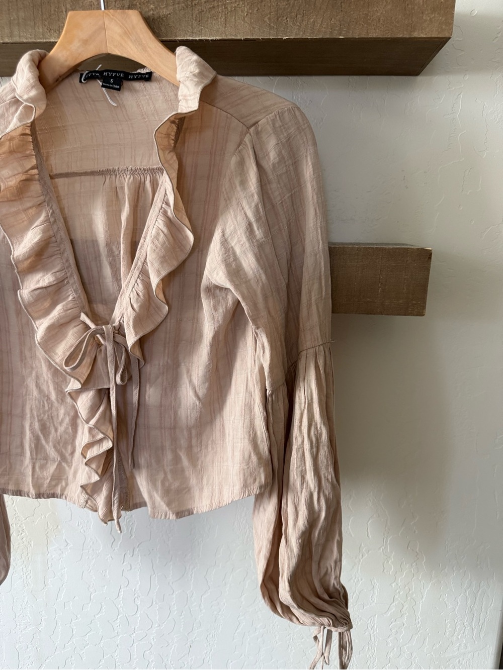 Hyfve|Romantic Ruffle Tie-Front long sleeve Blouse in neutral tan•••coquette